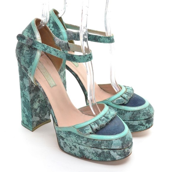 Michael Van der Ham Green Fabric Ruffle Platform Pumps 39 Designer Runway - Picture 1 of 7